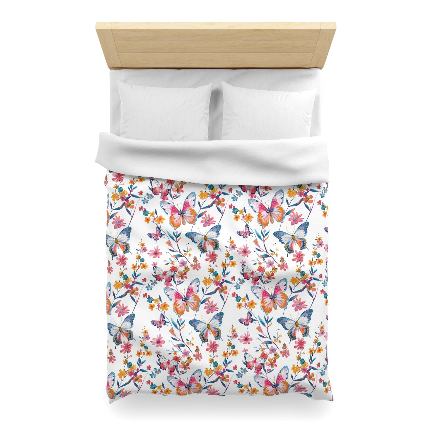 Butterfly Duvet Cover, Floral Flowers Pink White Bedding Queen King Full Twin XL Microfiber Unique Designer Bed Quilt Bedroom Decor