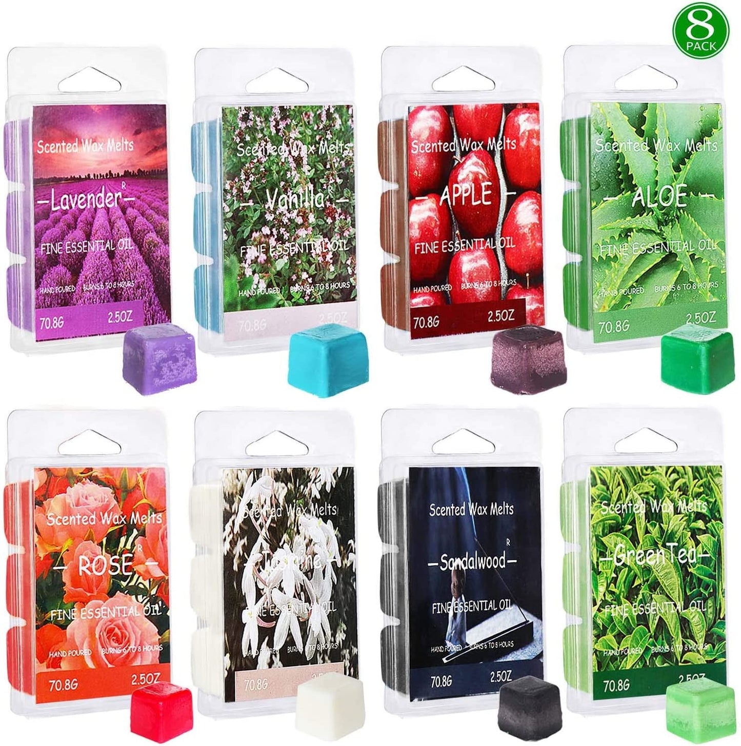 YIHANG Scented Wax Melts -Set of 8 (2.5 Oz) Assorted Wax Warmer Cubes/Tarts- Apple, Aloe, Green Tea, Sandalwood, Rose, Vanilla, Jasmine, Lavender