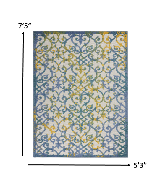 4' X 6' Ivory And Blue Floral Indoor Outdoor Area Rug
