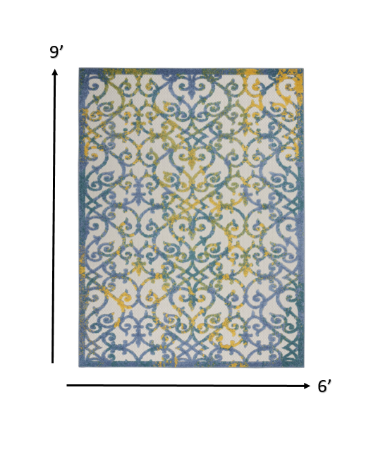 4' X 6' Ivory And Blue Floral Indoor Outdoor Area Rug