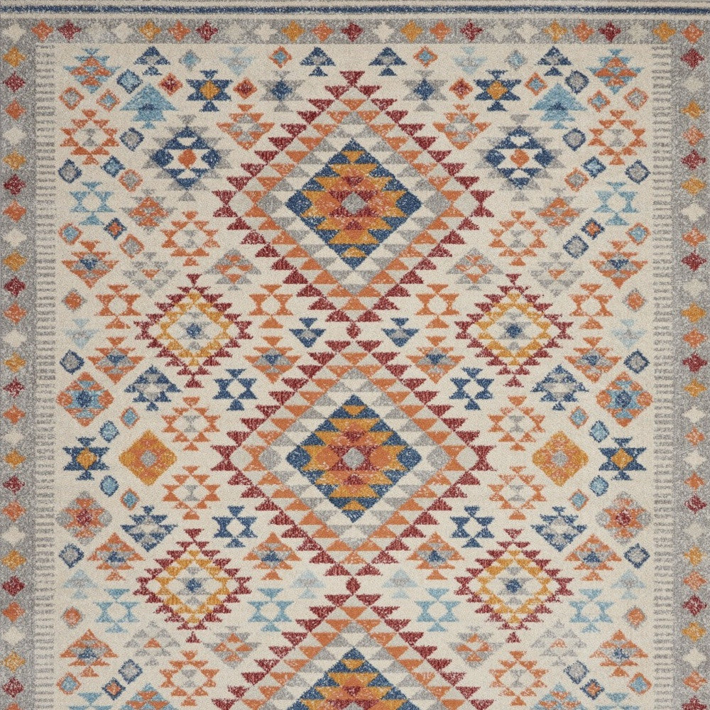 8' Gray And Ivory Geometric Dhurrie Runner Rug