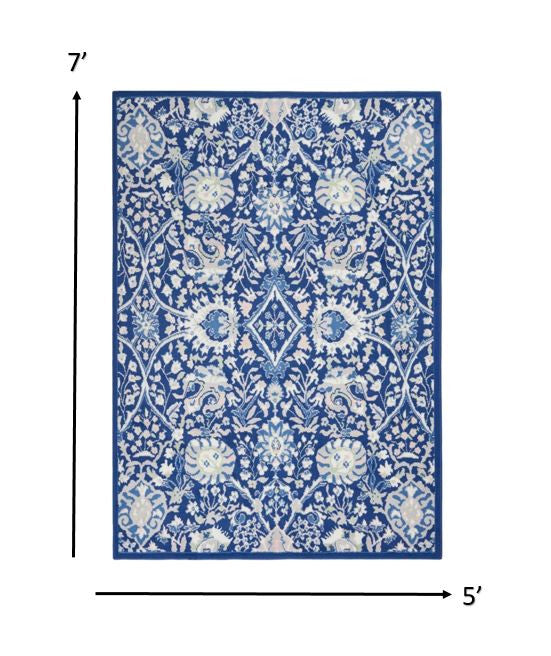 4' X 6' Navy Blue Floral Dhurrie Area Rug