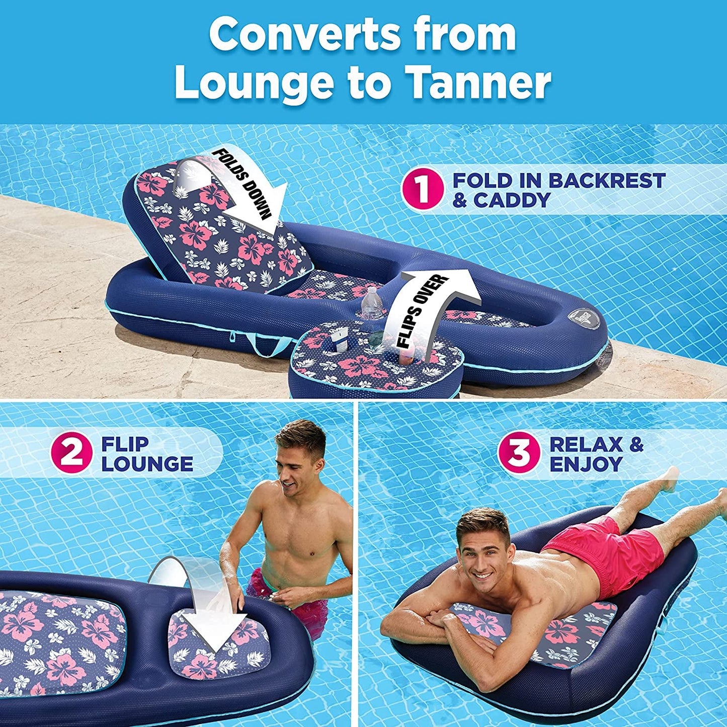 Aqua Campania Ultimate 2-In-1 Pool Float Lounge – Extra Large – Inflatable Pool Floats for Adults with Adjustable Backrest & Cupholder Caddy – Multiple Colors/Styles