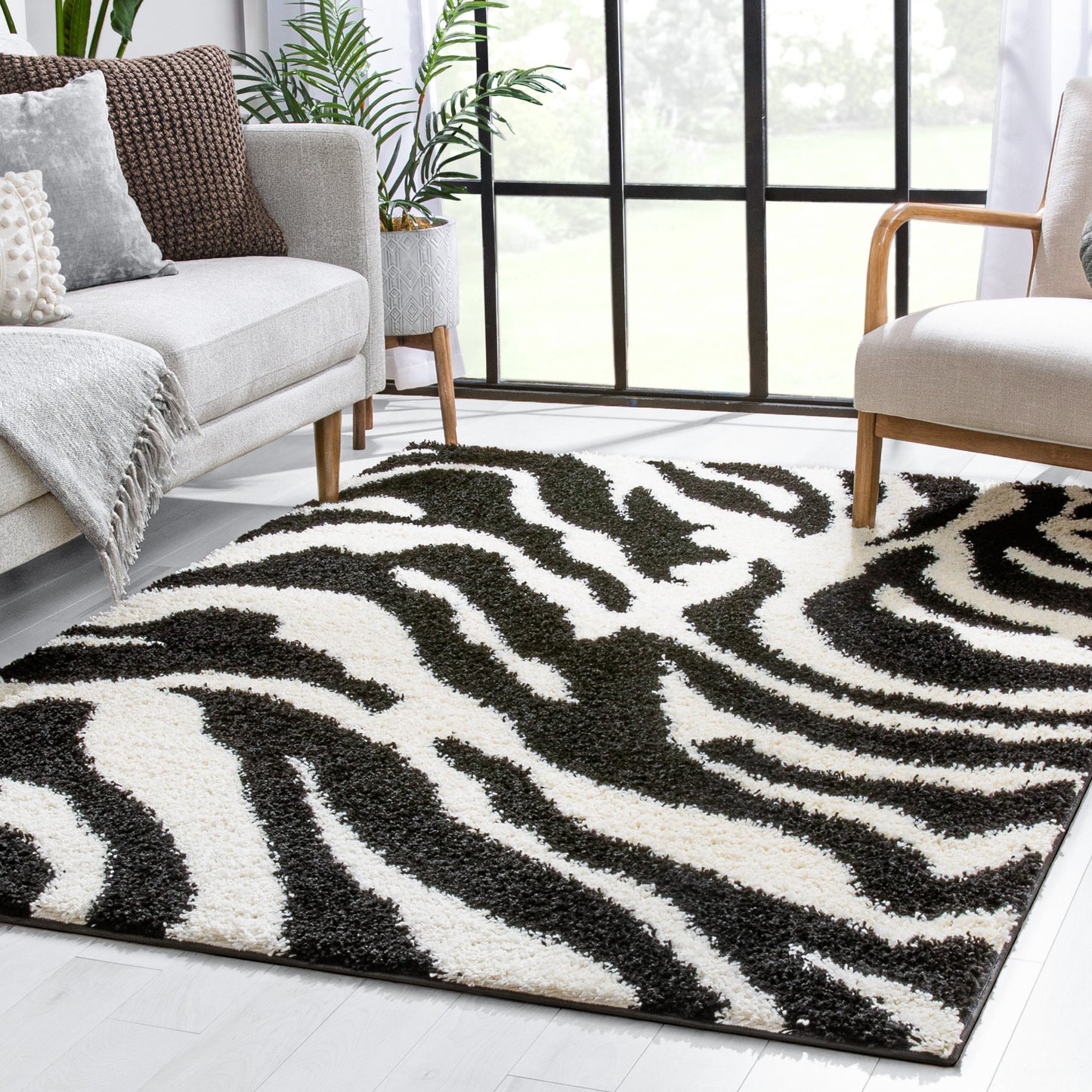 Safari Zebra Black Contemporary Shag Rug