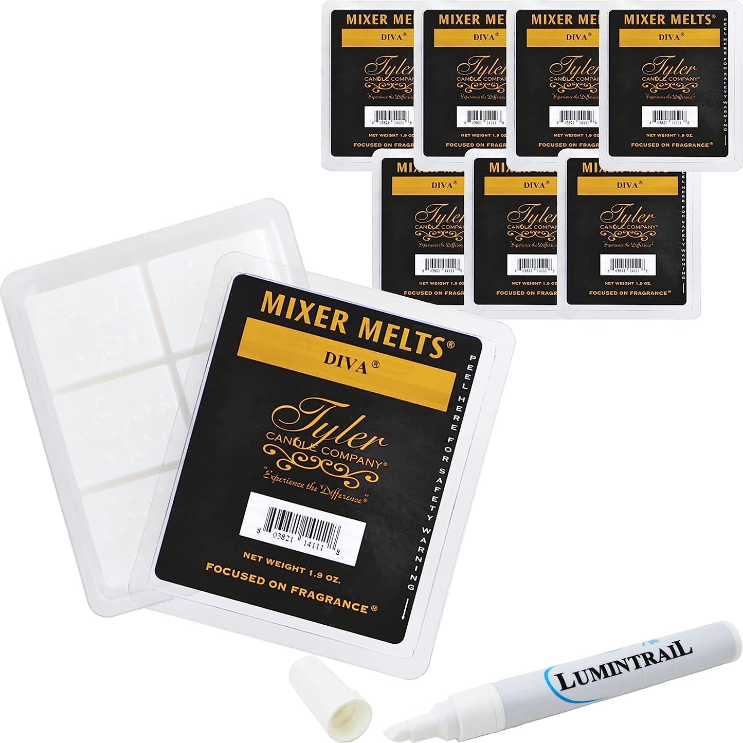 Tyler Candle Mixer Melts, Diva, Set of 8 Scented Wax Tarts for Wax Warmers, Bundle with a Lumintrail Stain Remover Pen