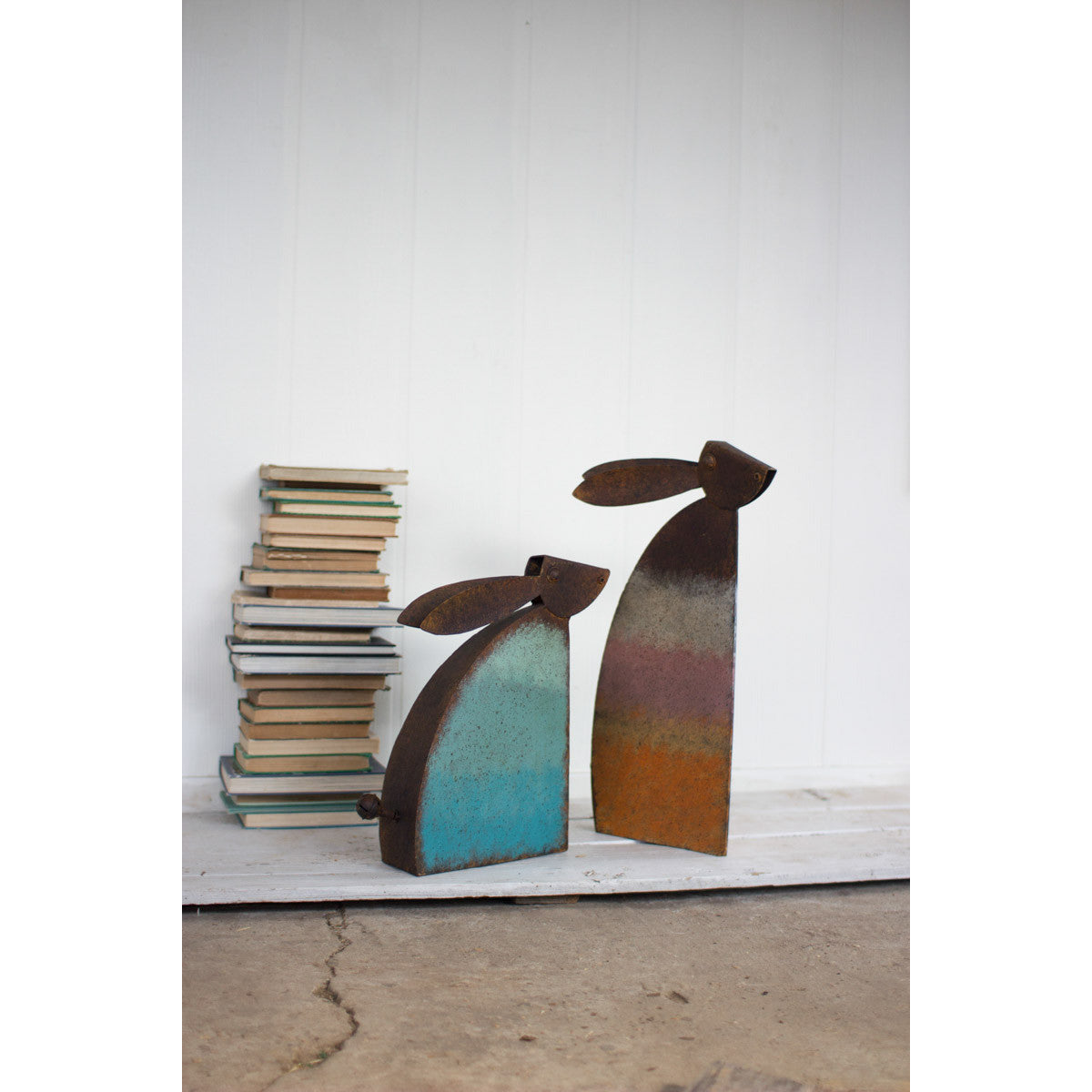 Set of 2 Rustic Metal Rabbits \ Colored Detail