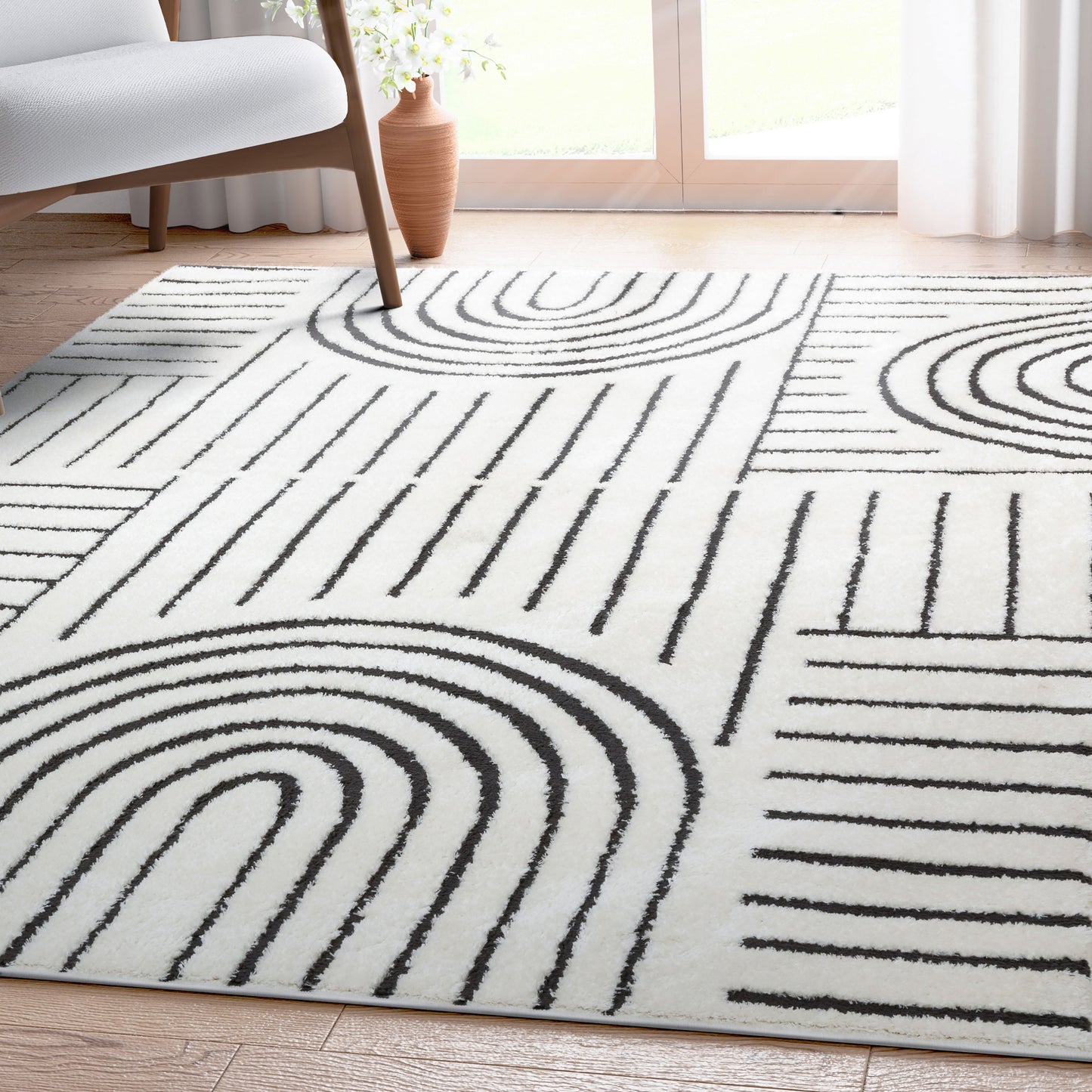 Boho Rainbow Shag Geometric Ivory Black High-Low Rug