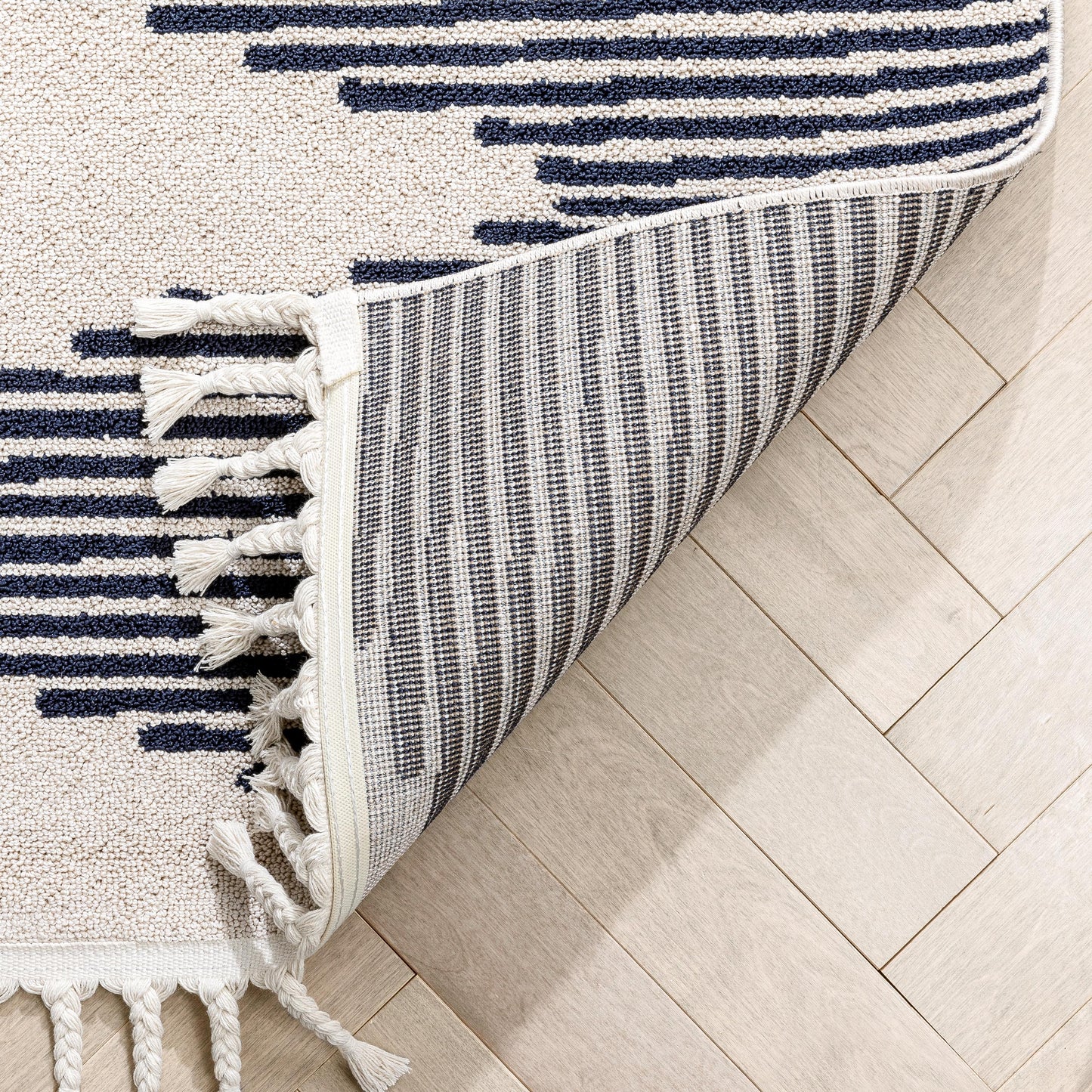 Zipped Tribal Aztec Geometric Ivory & Navy Blue Kilim-Style Rug