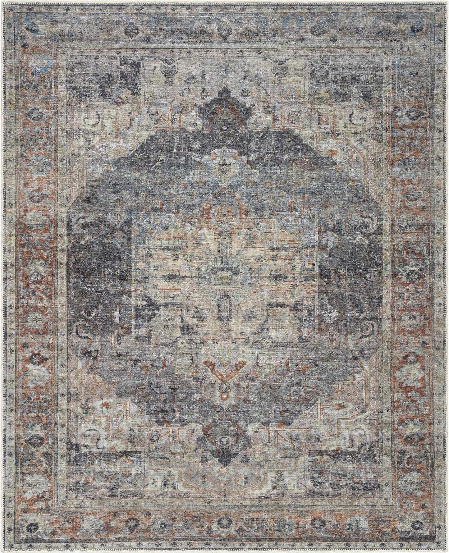 Binita Machine Washable Vintage Medallion Oriental Grey Ivory Flat-Weave Rug