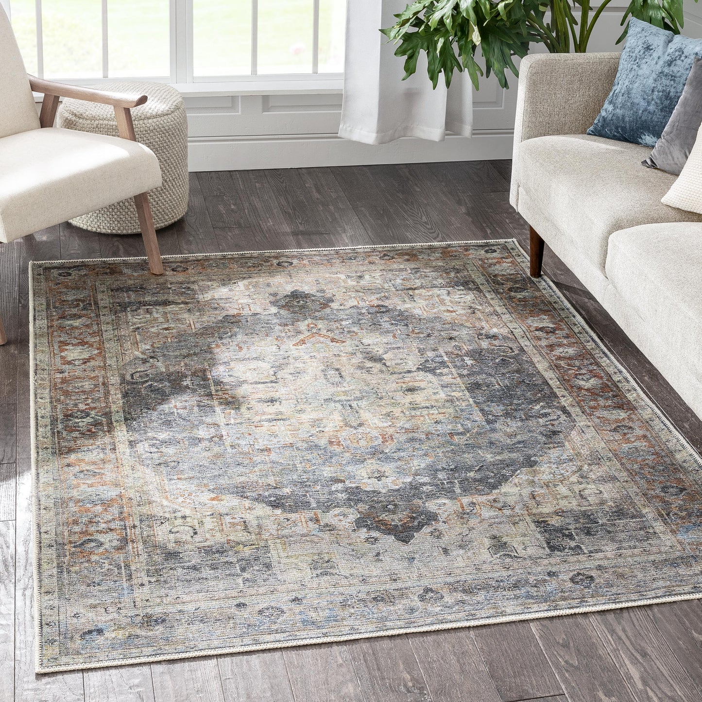 Binita Machine Washable Vintage Medallion Oriental Grey Ivory Flat-Weave Rug