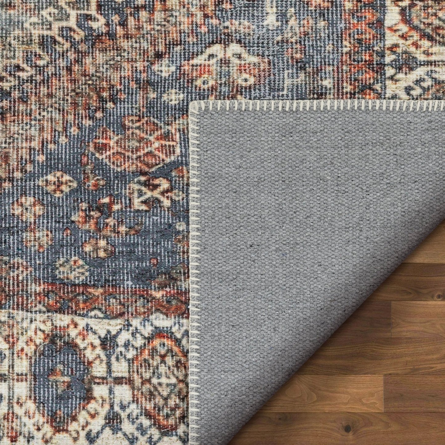 Ripon Machine Washable Vintage Medallion Botanical Border Blue Red Flat-Weave Distressed Rug