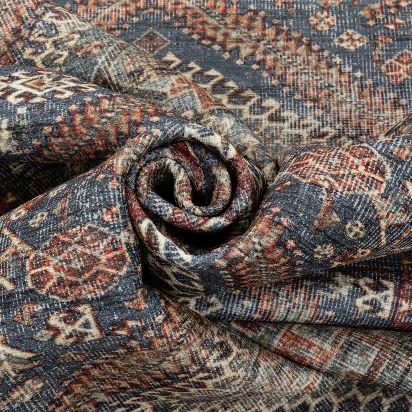 Ripon Machine Washable Vintage Medallion Botanical Border Blue Red Flat-Weave Distressed Rug