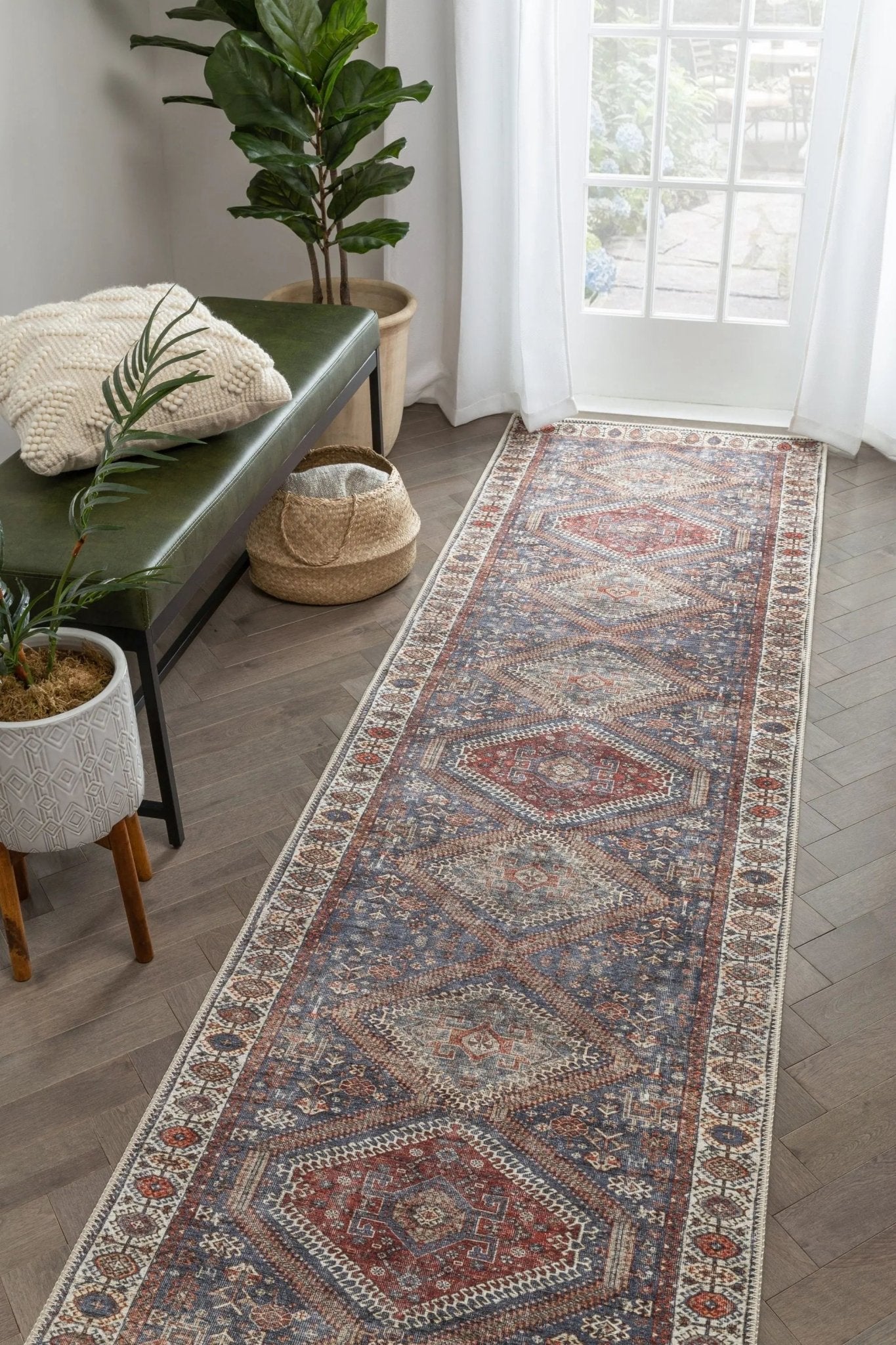 Ripon Machine Washable Vintage Medallion Botanical Border Blue Red Flat-Weave Distressed Rug