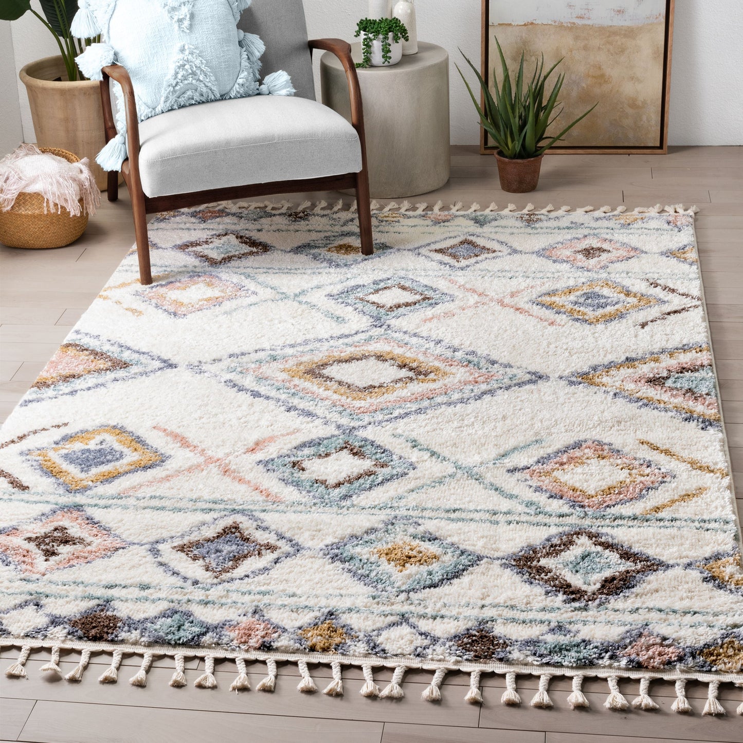 Anahita Vintage Moroccan Diamond Ivory Shag Rug