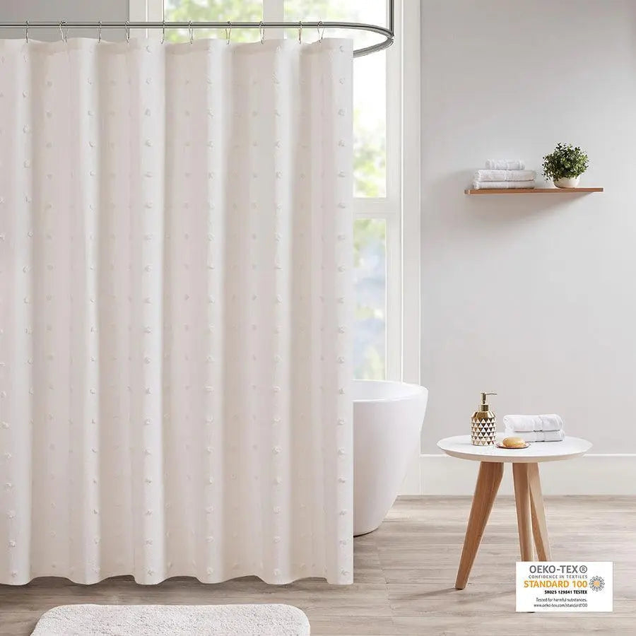 Brooklyn Cotton Jacquard Pom Pom Shower Curtain Ivory