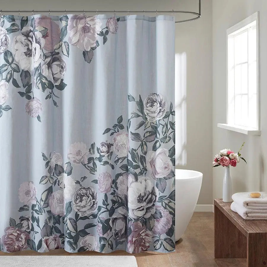 Charisma Cotton Floral Printed Shower Curtain Grey