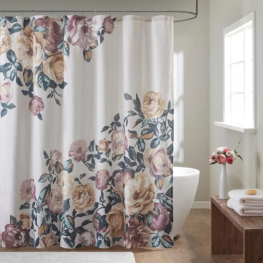 Charisma Cotton Floral Printed Shower Curtain Ivory