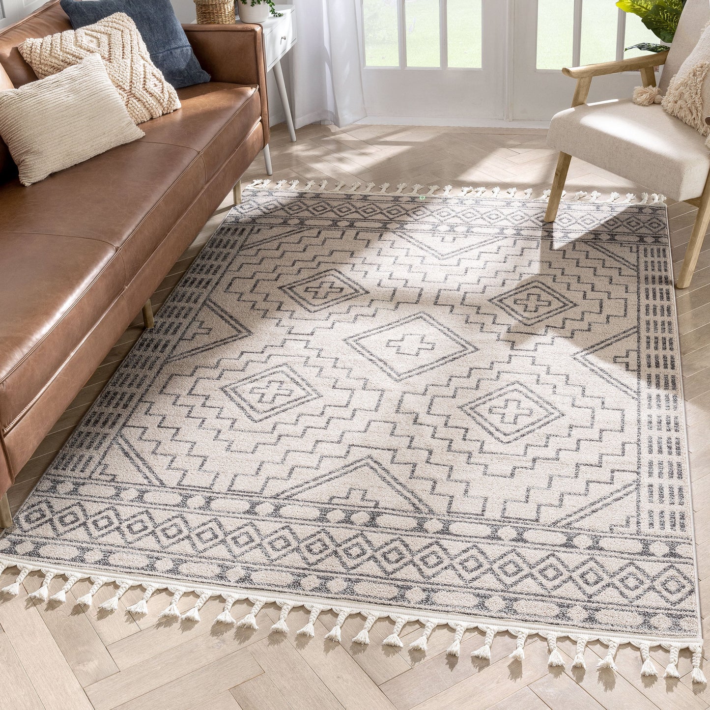Zafer Tribal Geometric Pattern Ivory Kilim-Style Rug