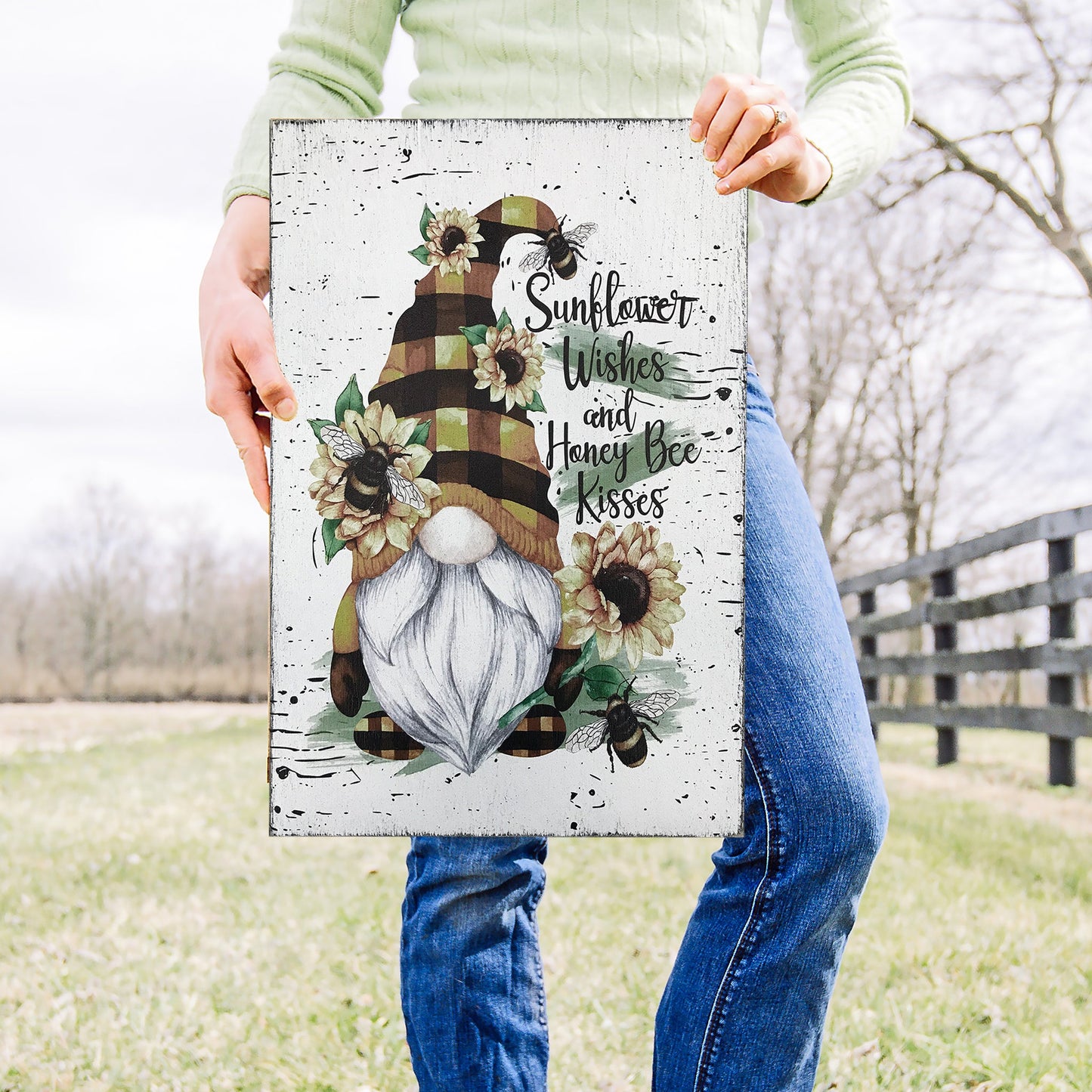 Sunflower Wishes And Honey Bee Kisses Gnome Sign