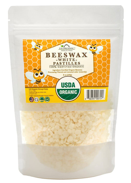 US Organic Beeswax 100% Pure White Pastilles, USDA Certified, for DIY Candle, Lip Balm, Body Cream, Lotion, Deodorant, Crayon, and Many More Uses. 8 Oz (Medium)