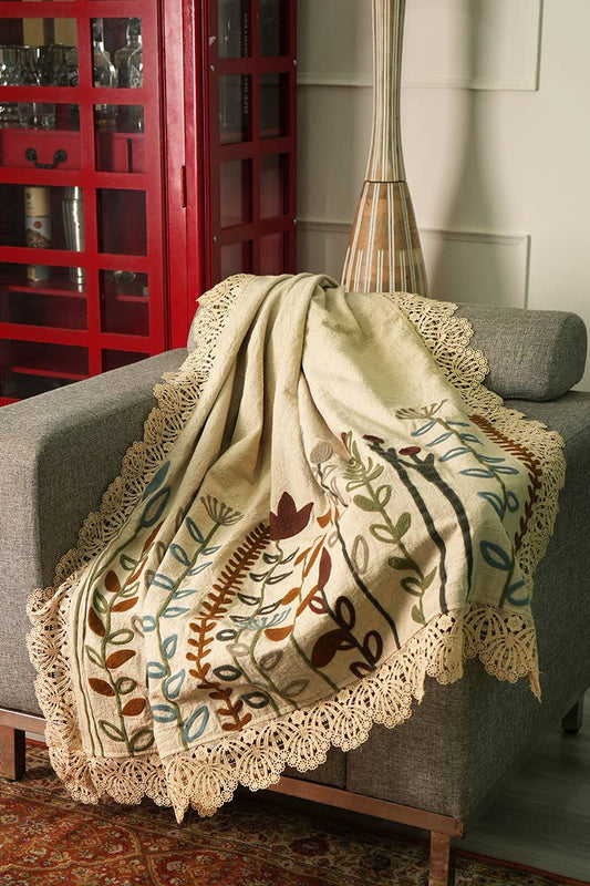 100% LINEN EMBROIDERY THROW Ivory White