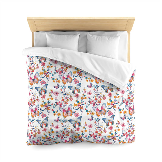 Butterfly Duvet Cover, Floral Flowers Pink White Bedding Queen King Full Twin XL Microfiber Unique Designer Bed Quilt Bedroom Decor