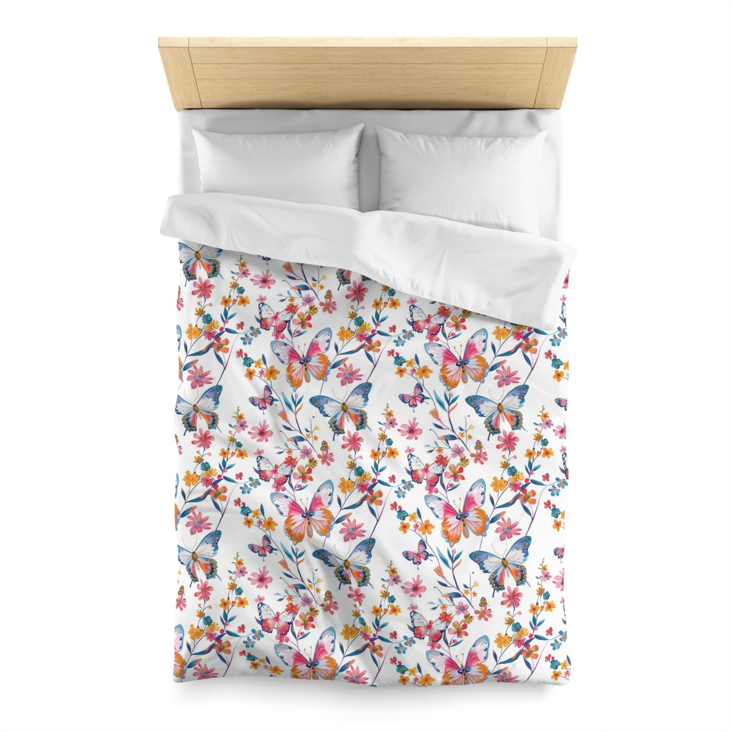 Butterfly Duvet Cover, Floral Flowers Pink White Bedding Queen King Full Twin XL Microfiber Unique Designer Bed Quilt Bedroom Decor