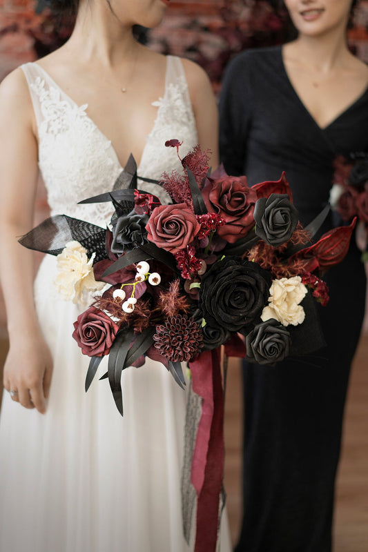 Small Free-Form Bridal Bouquet in Moody Burgundy & Black