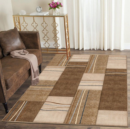 3'8'' x 5'6'' Beige Soft Geometric Hand-Carved Rug