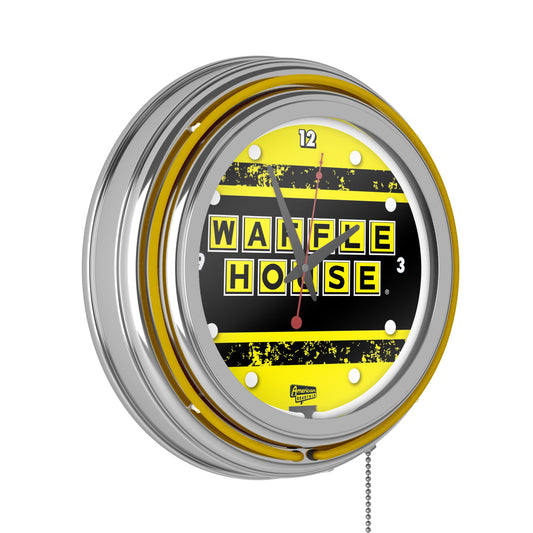 Wall Clock Vintage Chrome Double Ring Neon Waffle House Print AC Power Adapter