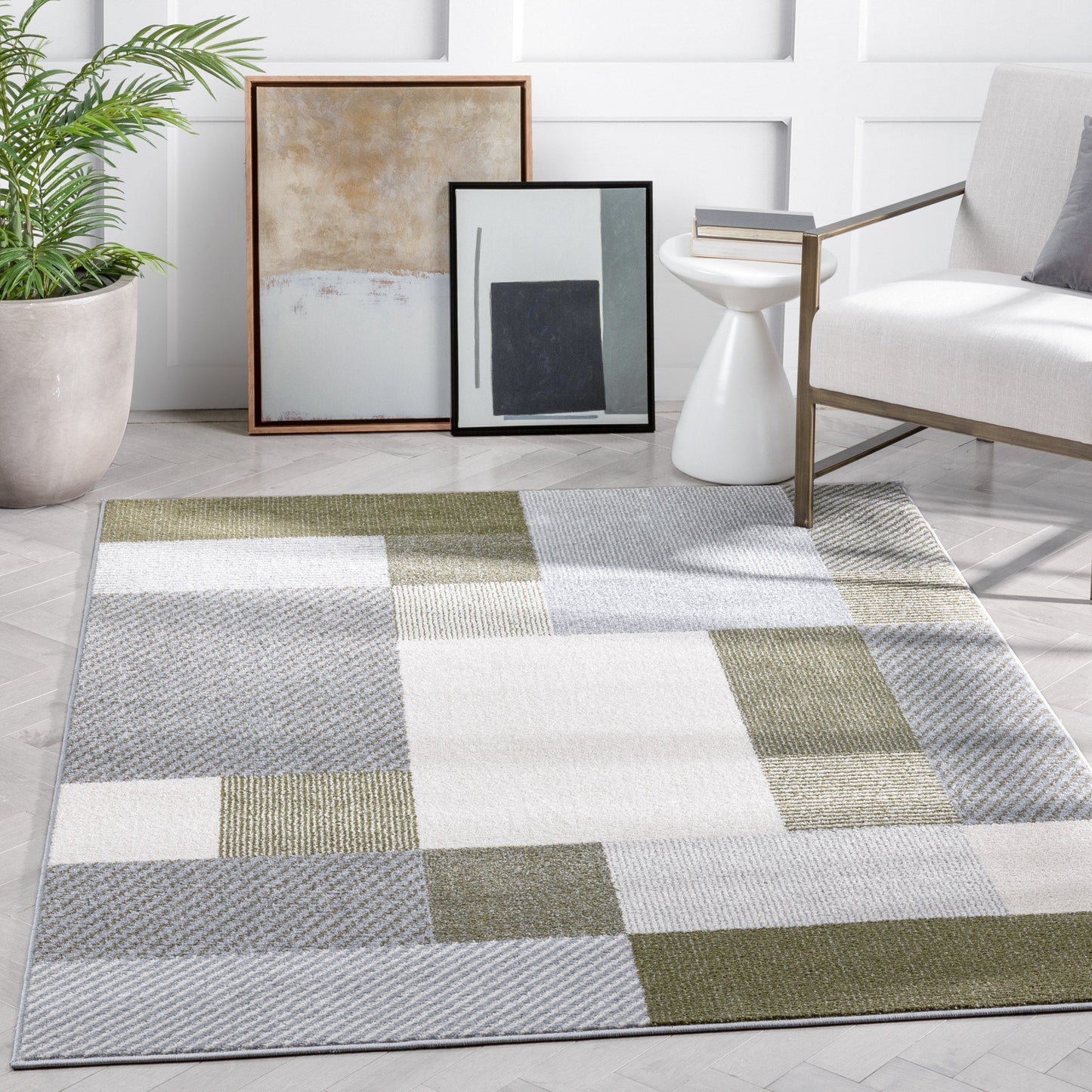 Wilma Modern Geometric Squares Green Grey Rug