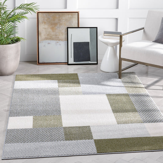 Wilma Modern Geometric Squares Green Grey Rug