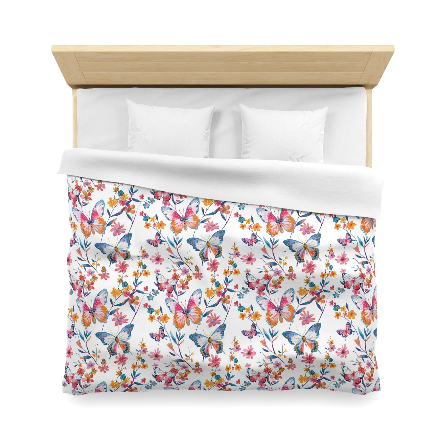 Butterfly Duvet Cover, Floral Flowers Pink White Bedding Queen King Full Twin XL Microfiber Unique Designer Bed Quilt Bedroom Decor
