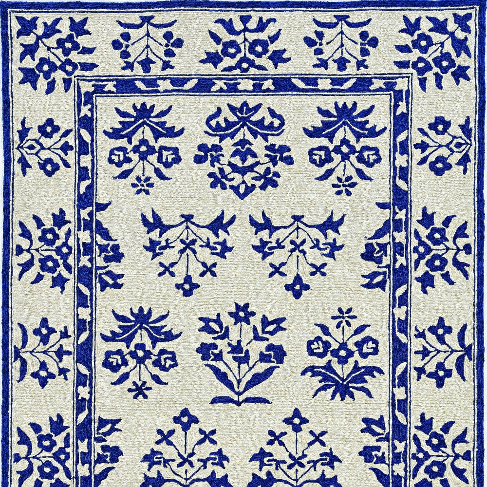 2'X3' Sand Blue Hand Hooked Uv Treated Floral Traditional Indoor Outdoor Accent Rug