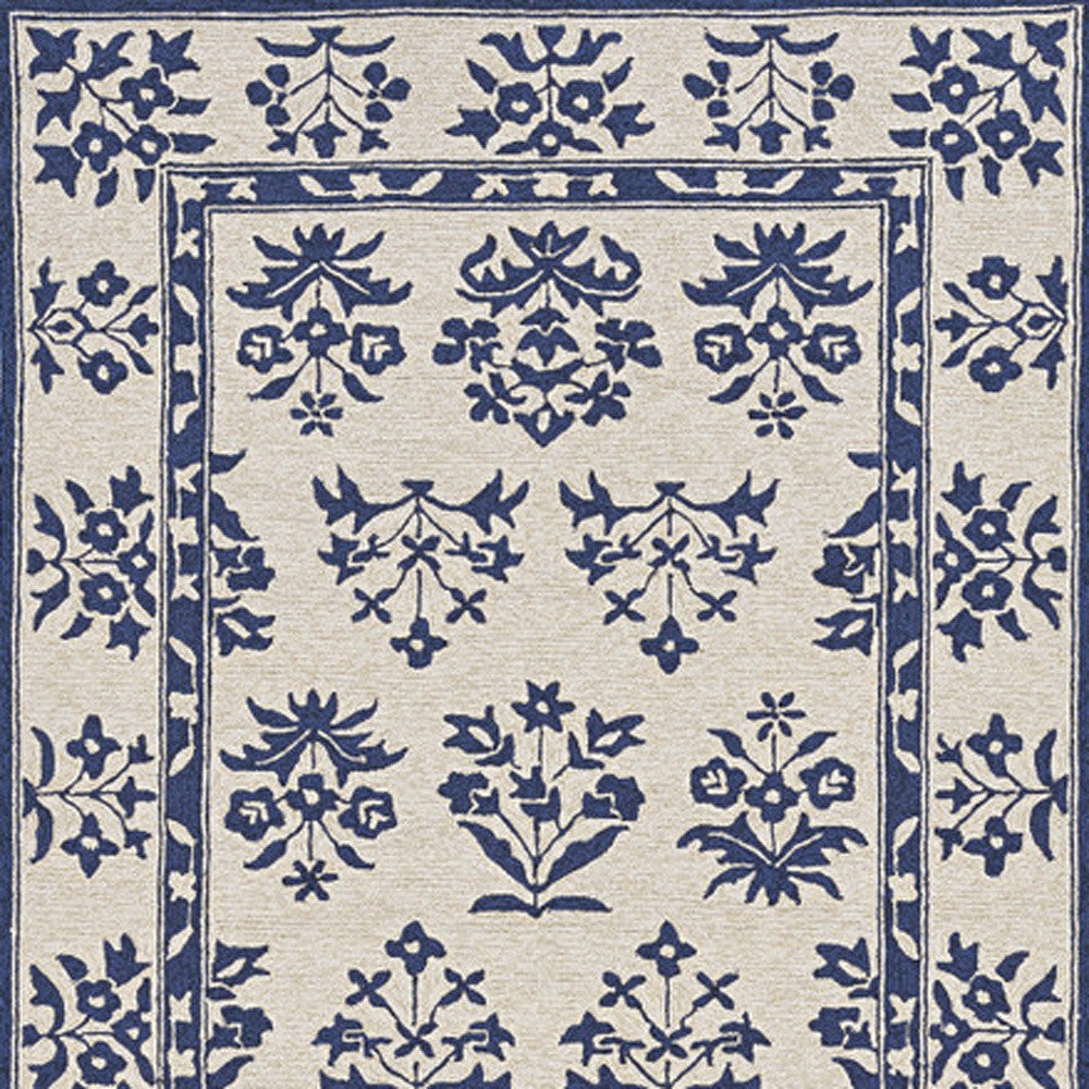 2'X3' Sand Blue Hand Hooked Uv Treated Floral Traditional Indoor Outdoor Accent Rug