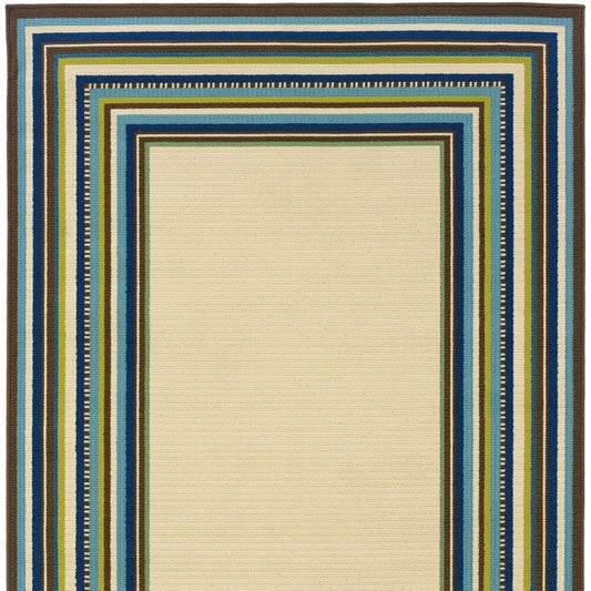 2' x 3' Ivory and Blue Striped Indoor Outdoor Area Rug