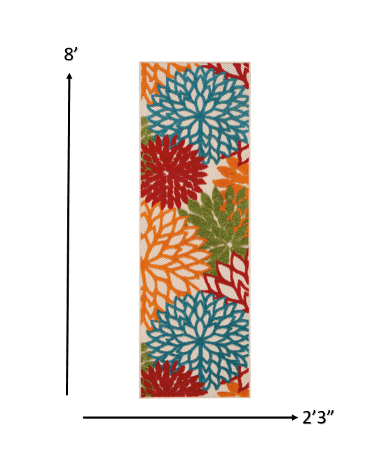 6' Runner Ivory Blue and Orange Floral Indoor Outdoor Area Rug