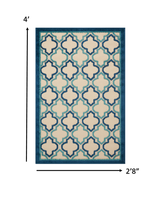 4' X 6' Blue And Ivory Geometric Indoor Outdoor Area Rug