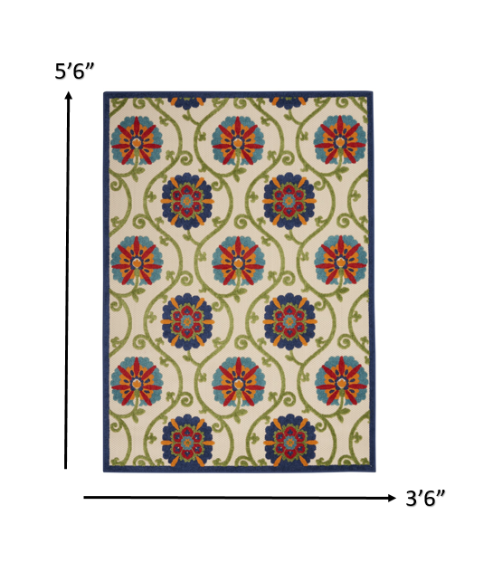 3' X 4' Ivory And Blue Floral Indoor Outdoor Area Rug