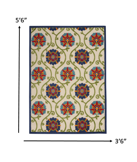 3' X 4' Ivory And Blue Floral Indoor Outdoor Area Rug
