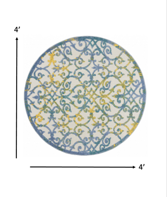 4' X 6' Ivory And Blue Floral Indoor Outdoor Area Rug