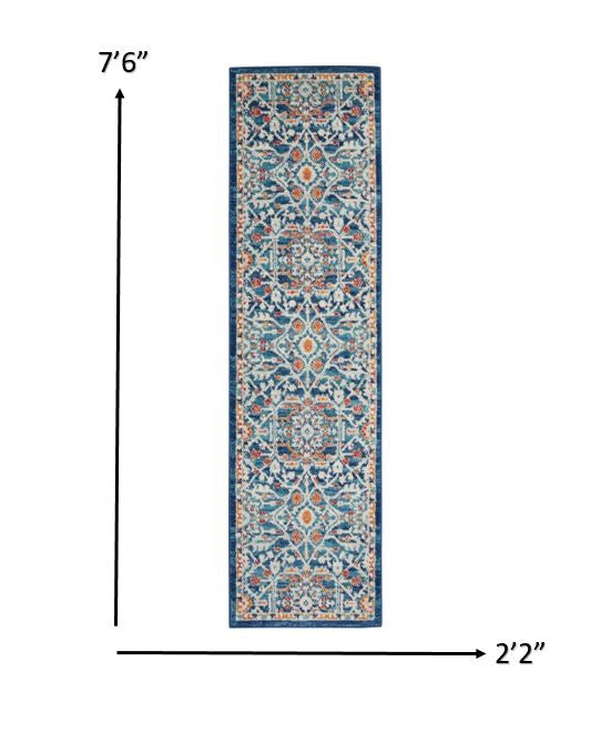 8' Blue And Ivory Floral Power Loom Runner Rug