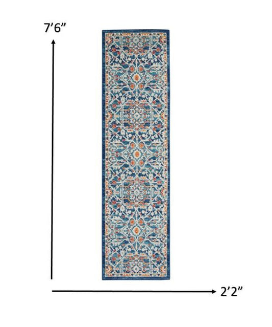 8' Blue And Ivory Floral Power Loom Runner Rug
