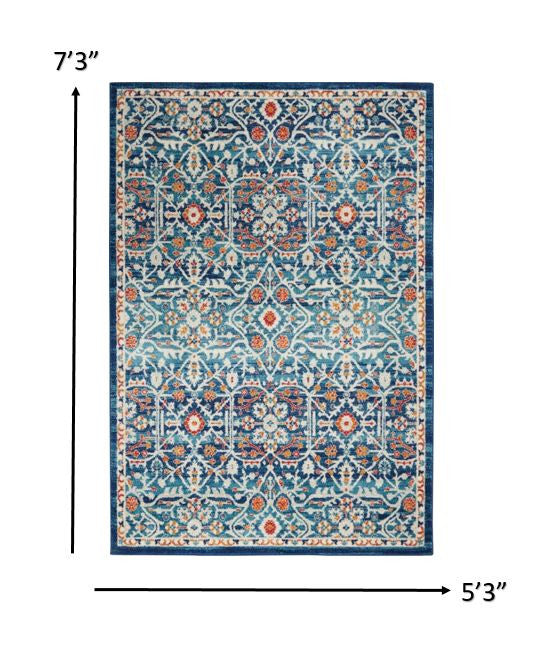8' Blue And Ivory Floral Power Loom Runner Rug