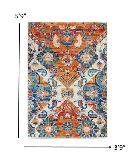 4' X 6' Orange And Ivory Floral Power Loom Area Rug