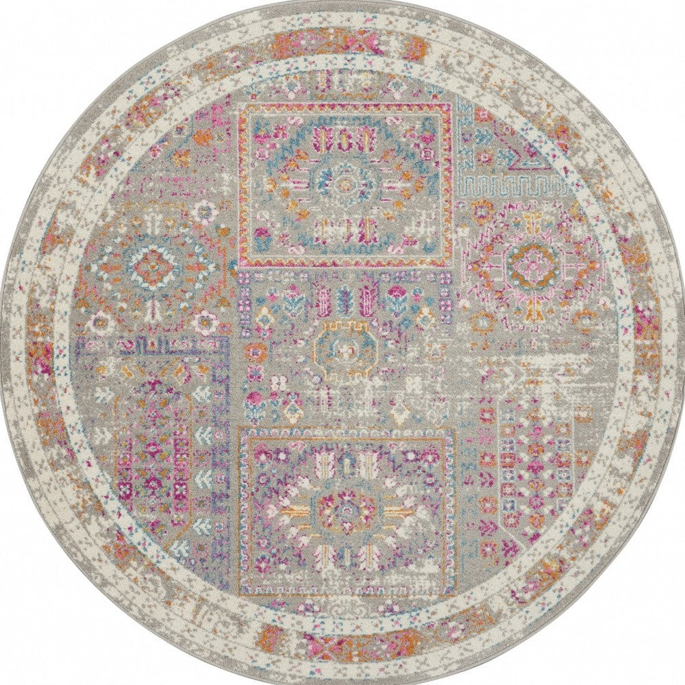 8' Pink And Gray Round Abstract Power Loom Area Rug