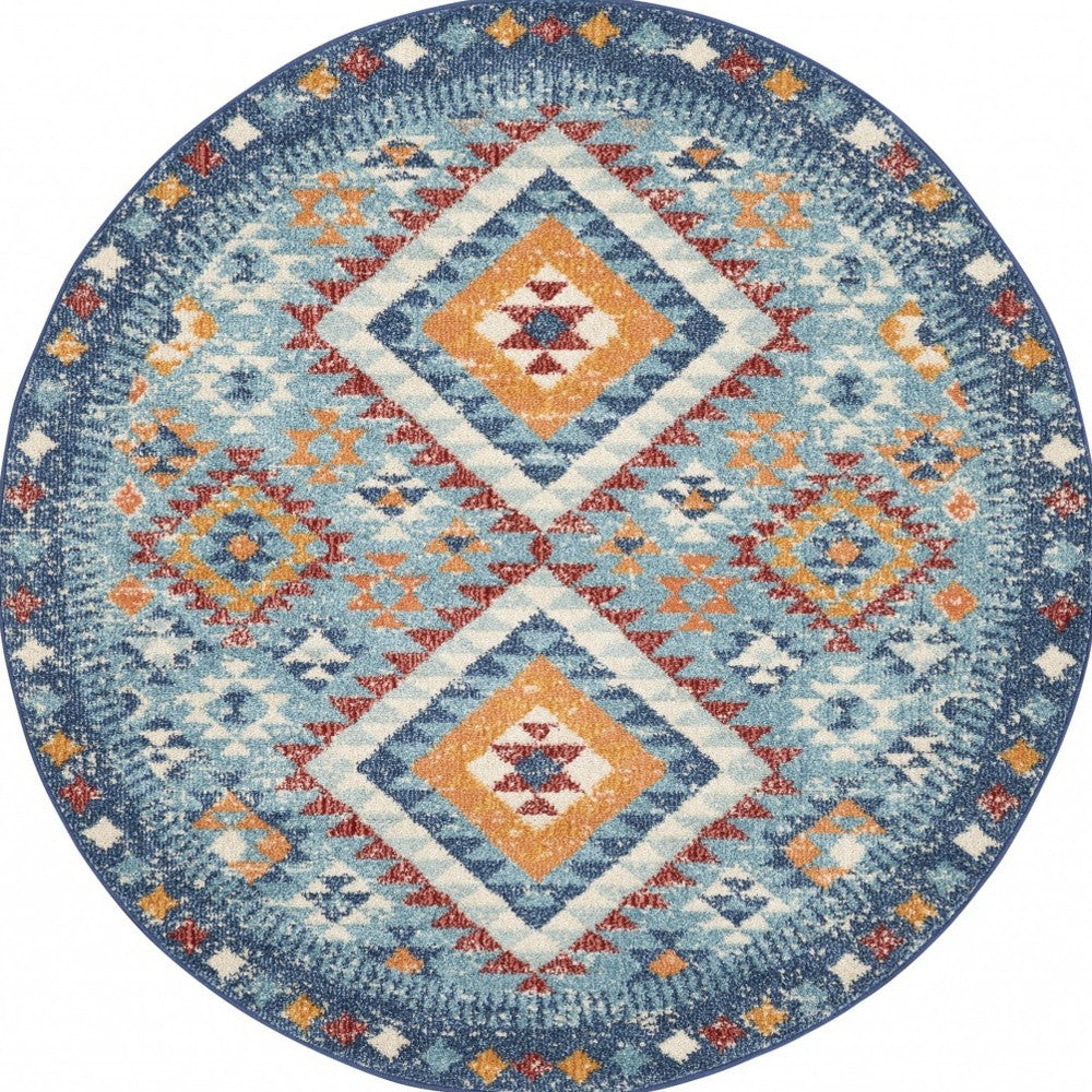 8' Blue And Orange Geometric Dhurrie Runner Rug