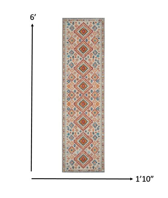 8' Gray And Ivory Geometric Dhurrie Runner Rug