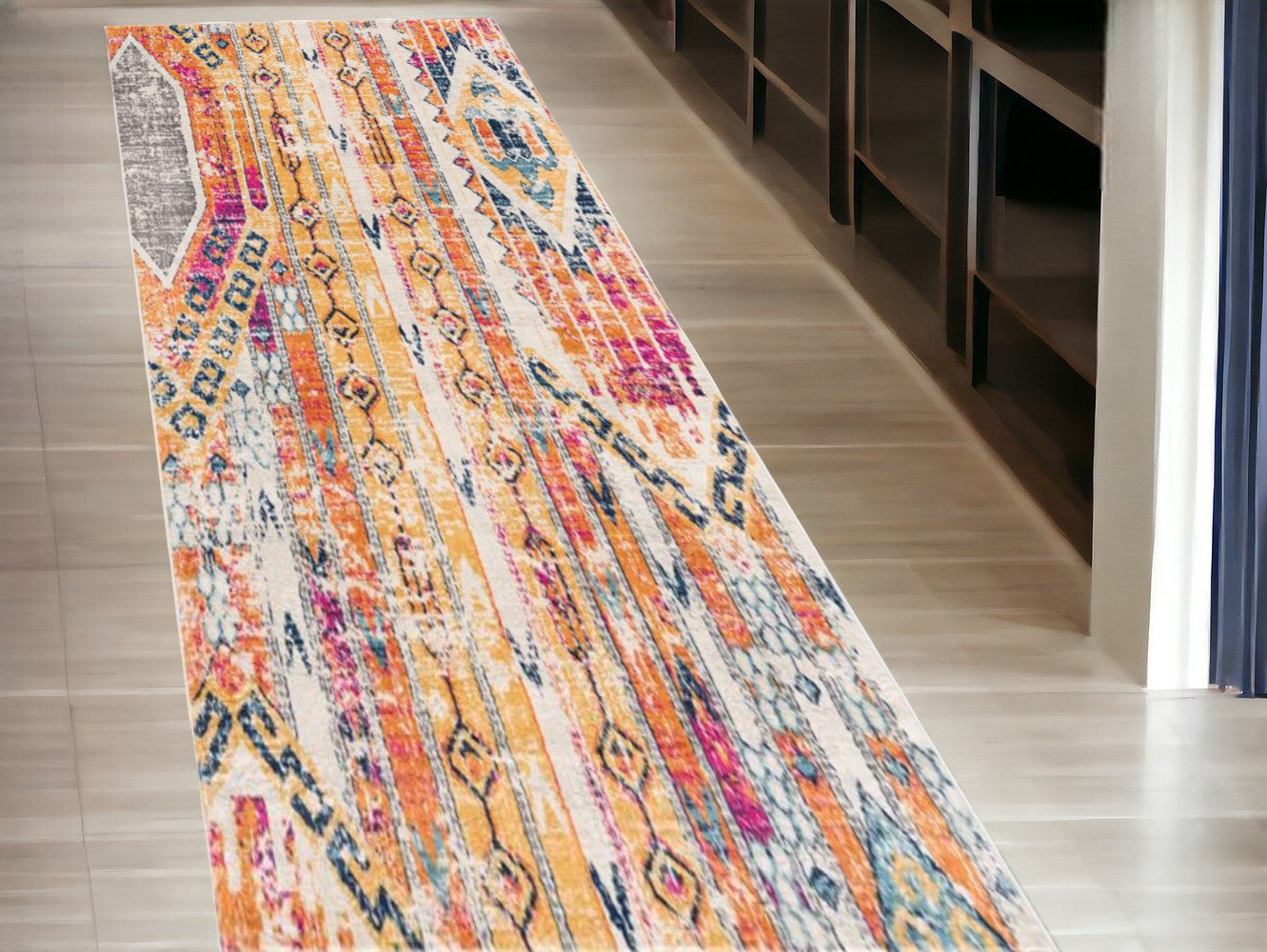 10' Orange And Ivory Southwestern Dhurrie Runner Rug