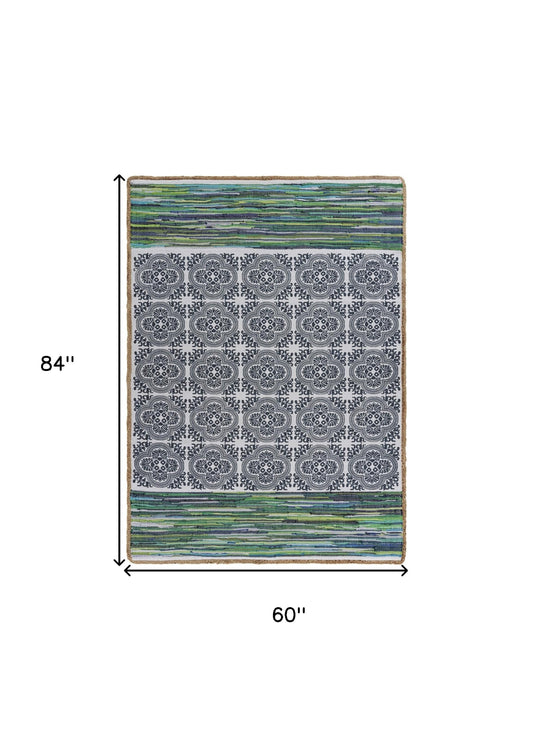 5’ x 7’ Blue and Green Chindi Area Rug